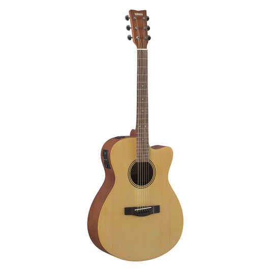 Acoustic guitar with a wooden body and neck on a white background